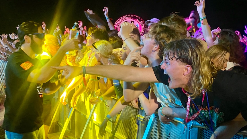 A crowd of young people dancing against a barrier with ecstatic looks upon their faces.