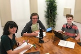 The MentalMusic team recording their program on laptops and microphones at Little Tokyo Two recording studios.