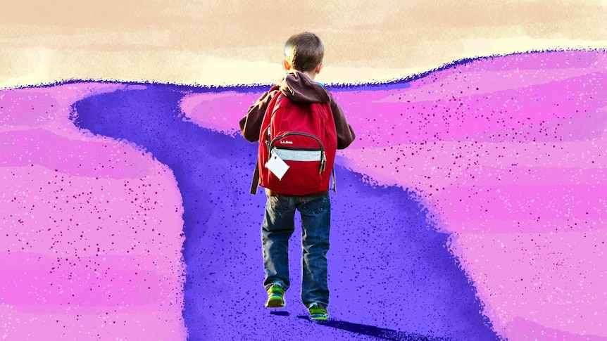Photo illustration of child with backpack for story about supporting autistic children at school
