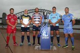 Super Rugby team captains pose with the Super Rugby trophy during the Super Rugby 2015 season launch