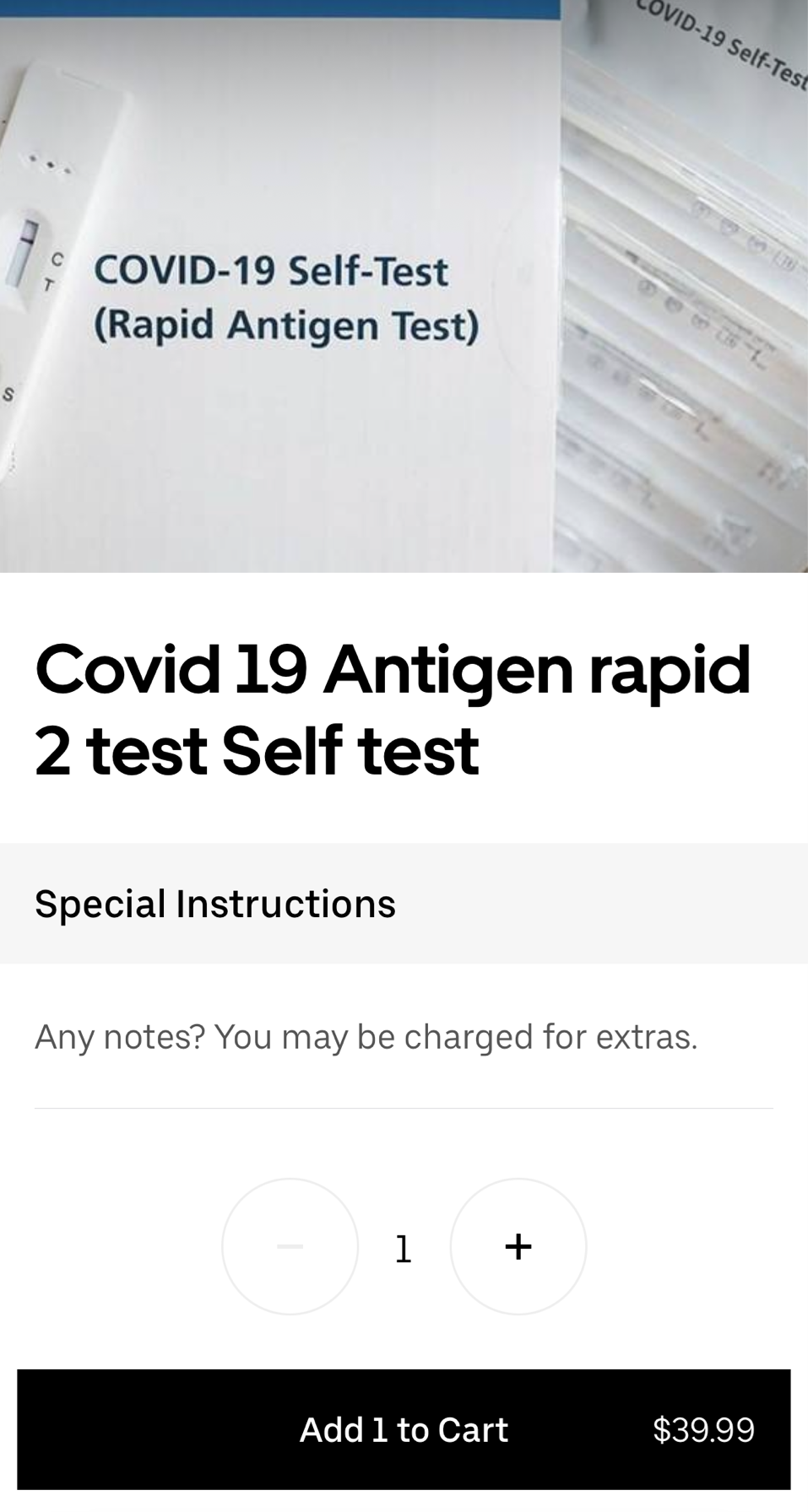 A screenshot of Uber Eats page selling a COVID-19 Antigen rapid kit 