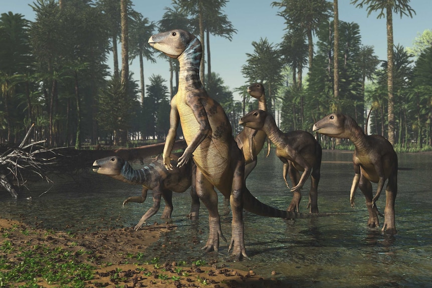 A computer illustration of small dinosaurs roaming a wetland area.