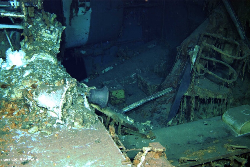 The inside of the rusty sunken ship.