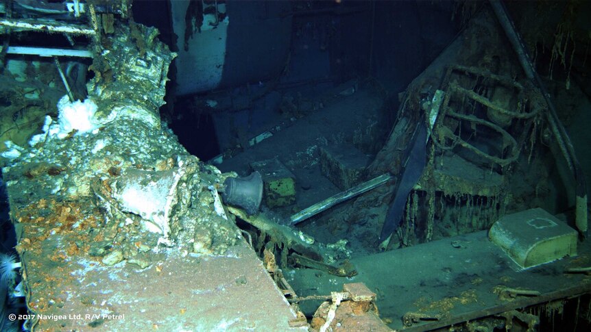The inside of the rusty sunken ship.