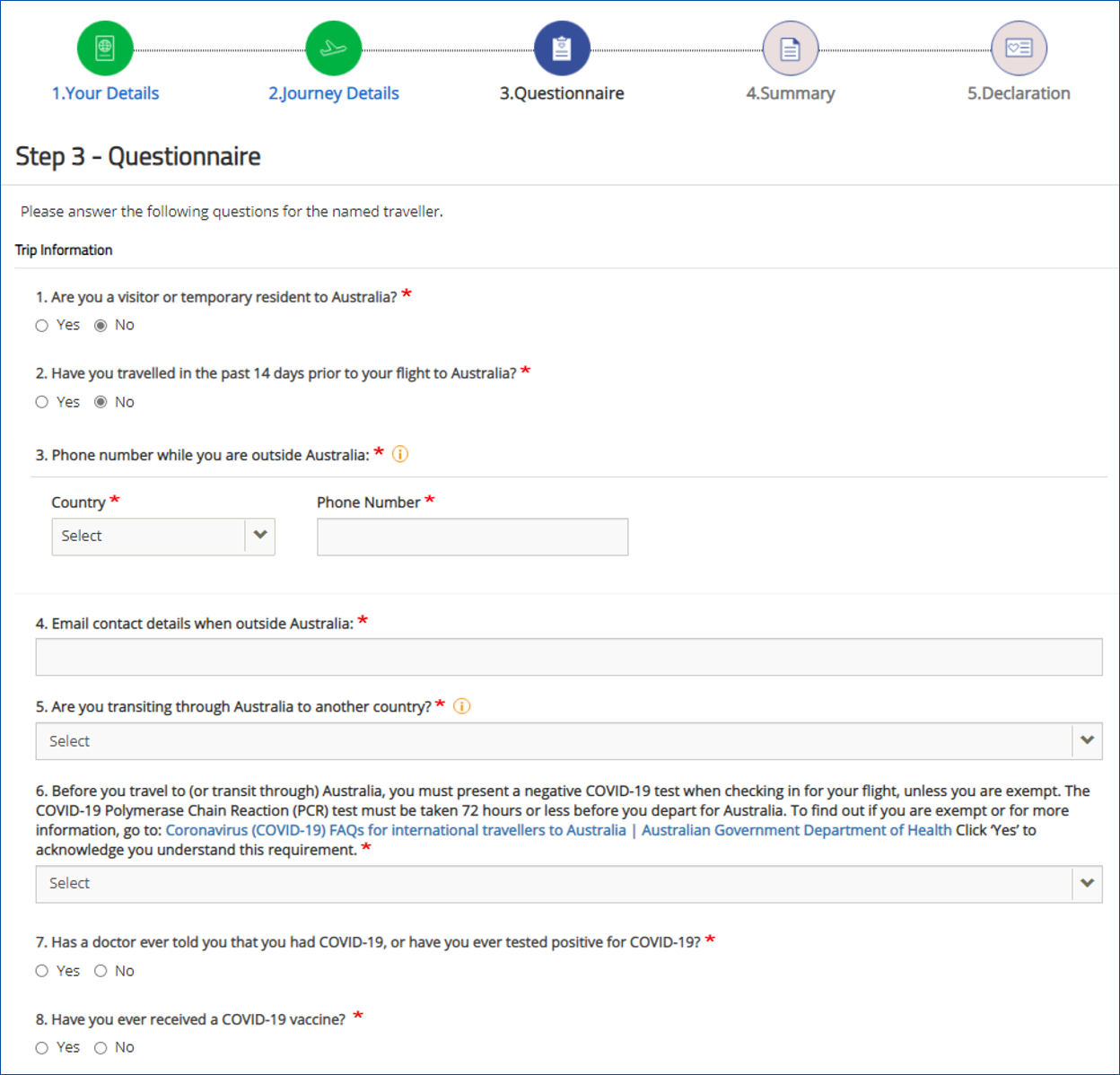 A screenshot shows several questions including whether you have been diagnosed with COVID-19 or vaccinated against it.