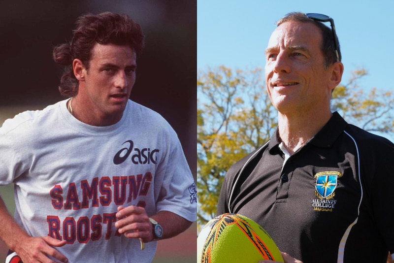 Image, left, of Shane Whereat at NRL training in the 90's. Image, right, of Shane now as a sport teacher