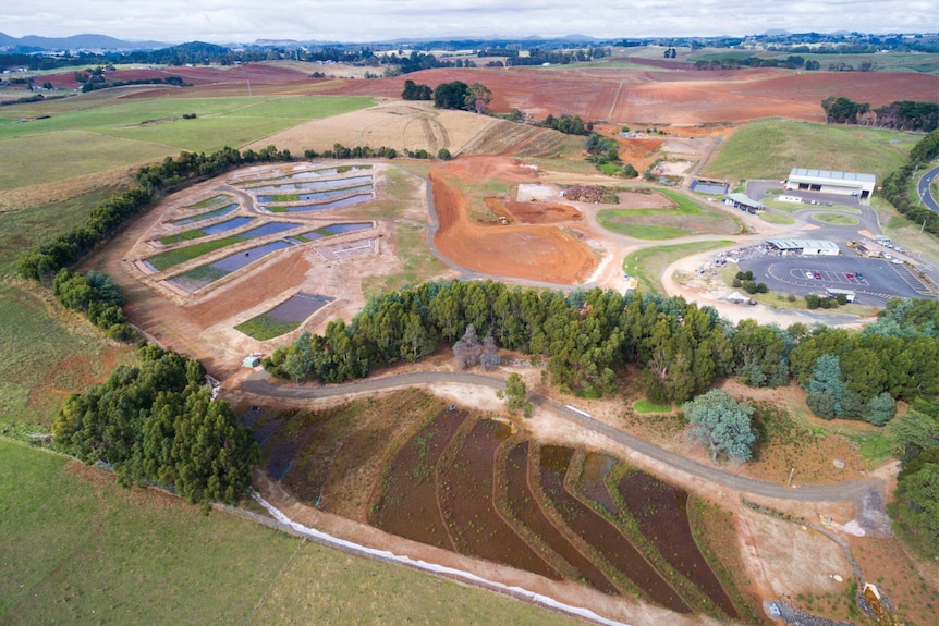 An aerial view of a wetlands project amid farm land in Burnie, Tasmania.