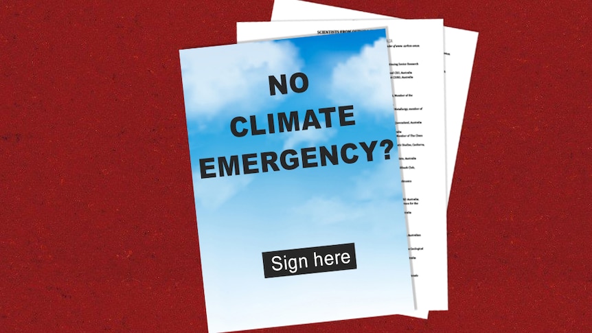 Graphic: a document that says "No climate emergency?" with "Sign here" underneath