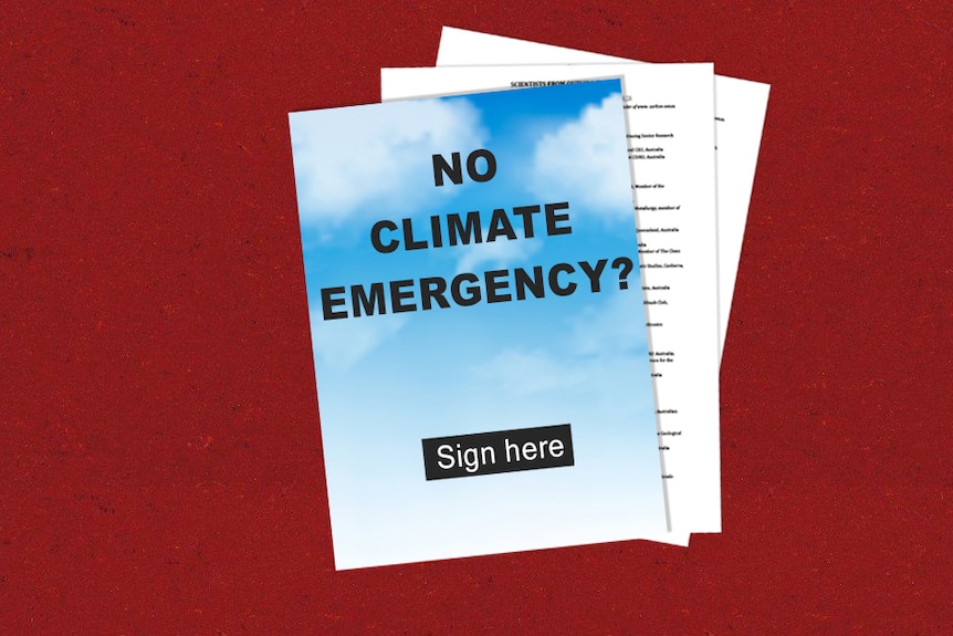 Graphic: a document that says "No climate emergency?" with "Sign here" underneath