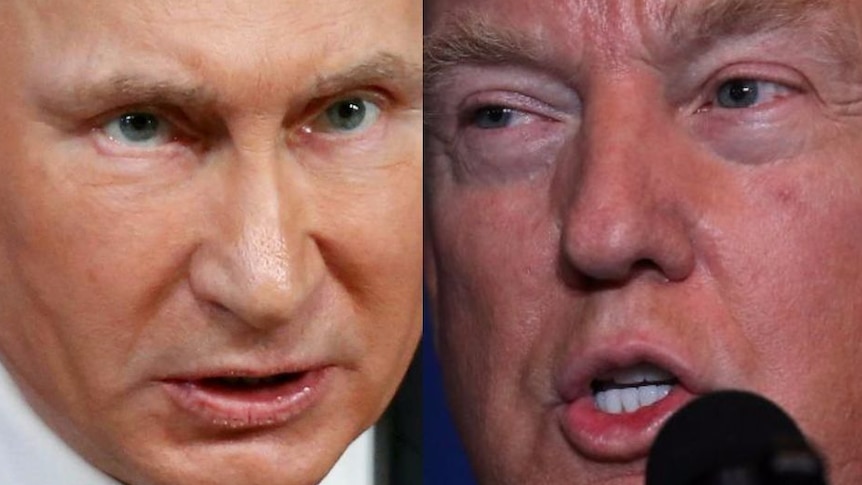 A composite image of donald trump (r) and Vladimir Putin (L)