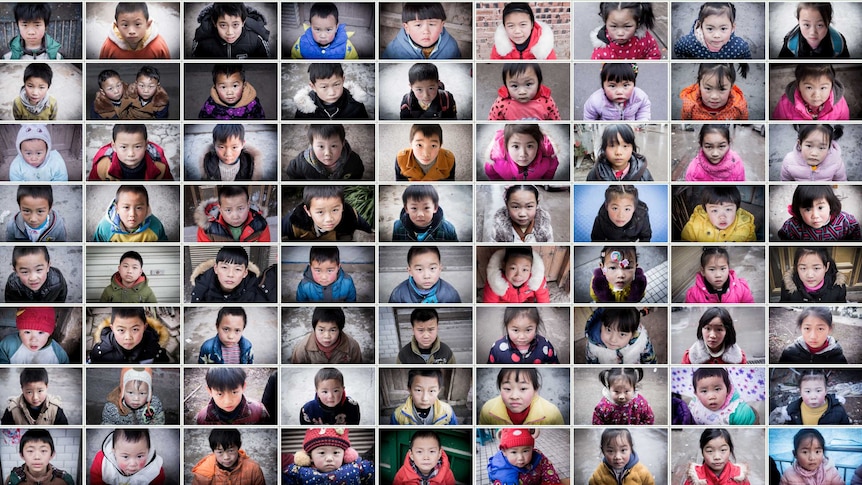 A compilation of dozens of photos of "left behind" children.