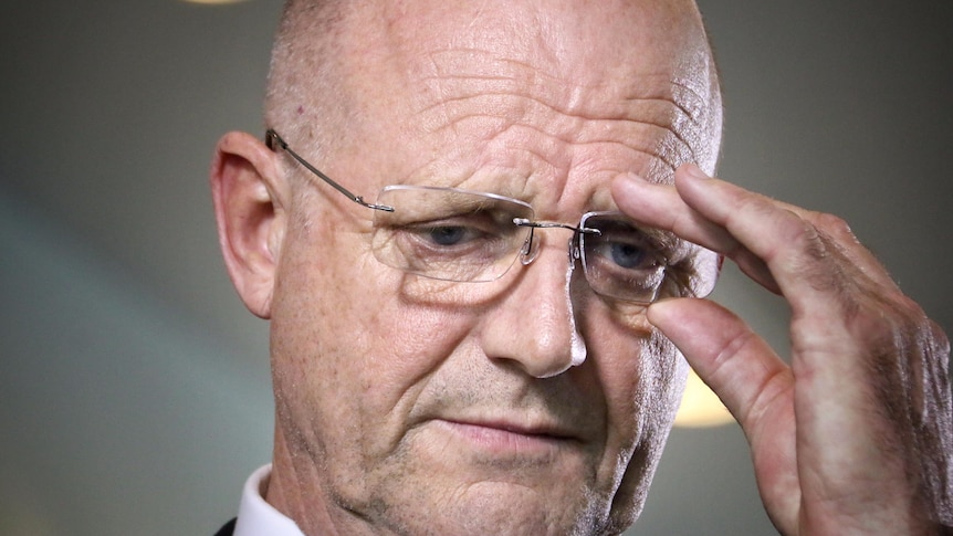 Tight headshot of David Leyonhjelm, from below. as he adjusts his glasses.