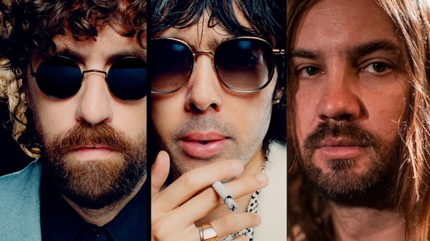 composite portraits of Justice's Gaspard Augé and Xavier de Rosnay and Tame Impala's Kevin Parker