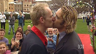 Male couple kissing at ACT gay union ceremony in June 2006