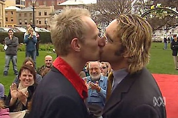 Male couple kissing at ACT gay union ceremony in June 2006