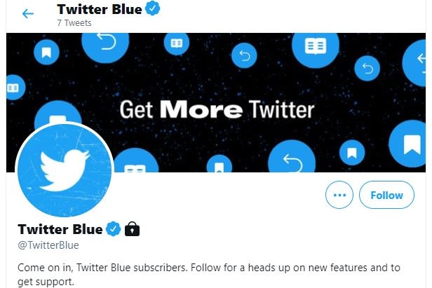A screenshot of the Twitter Blue profile, showing the bird logo, blue tick and padlock icons. 