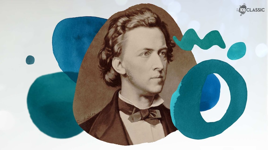An image of composer Frédéric Chopin with stylised musical notation overlayed in tones of teal.
