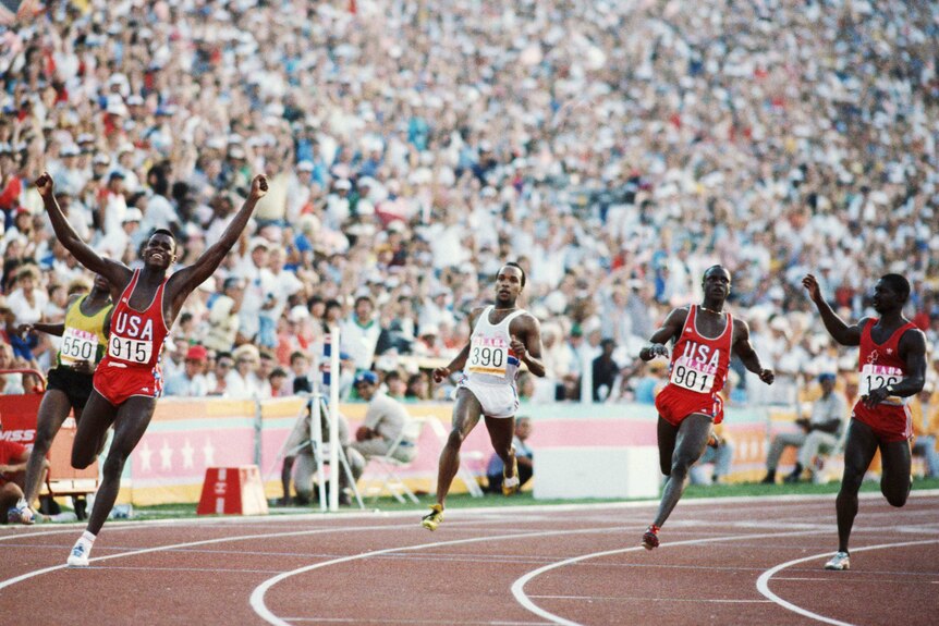 Carl Lewis (L) wins the 100 metres at the LA Olympics from Sam Graddy, Ben Johnson, Donovan Reid.