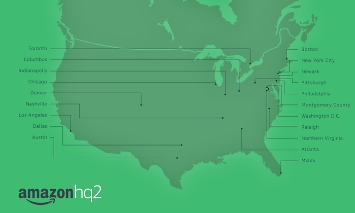 A map of shortlisted cities for Amazon's HQ2