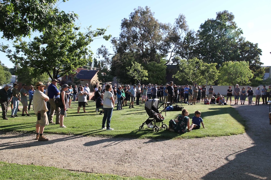 crowd of people socially distanced standing in open field