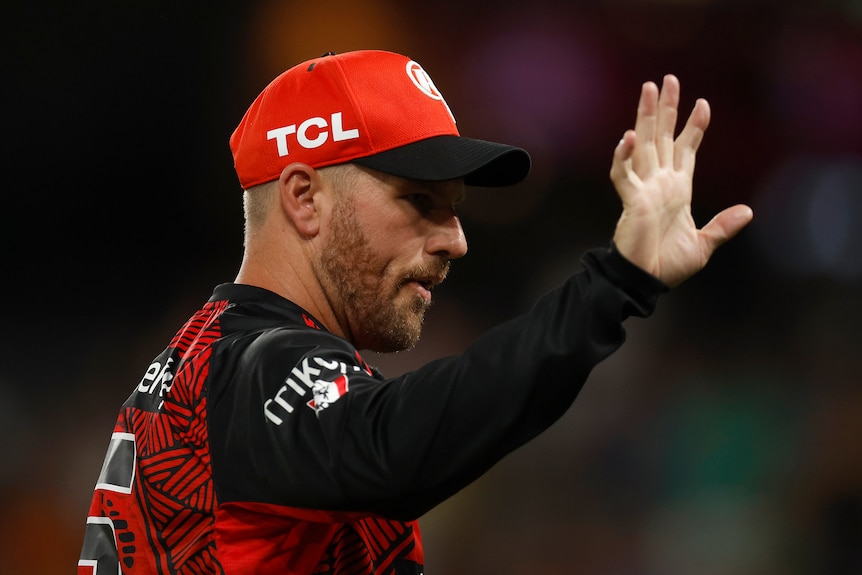 Aaron Finch holds up his hand