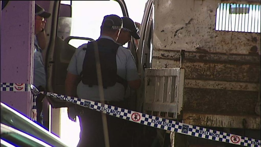 Sydney police inspect a stolen tip truck after a chase