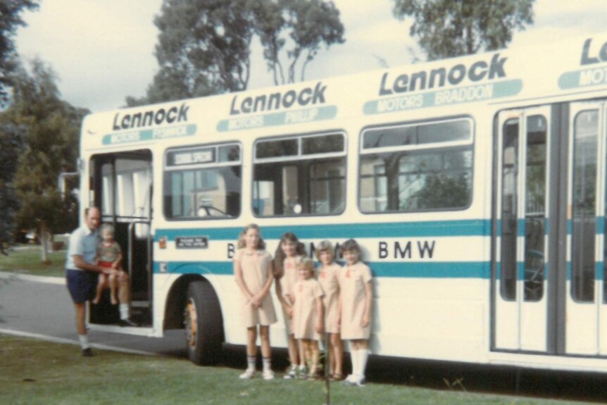 Bus driver Terry Lees with his son, four daughters and a family friend in Canberra in the 1980s.