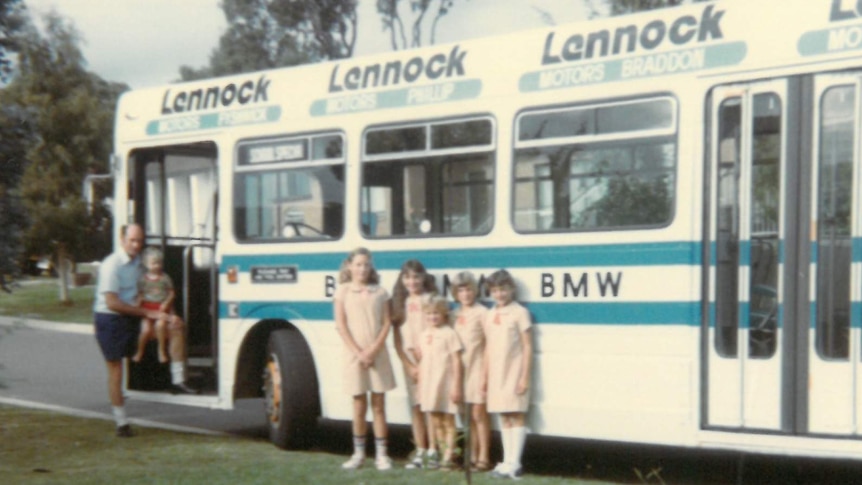 Bus driver Terry Lees with his son, four daughters and a family friend in Canberra in the 1980s.