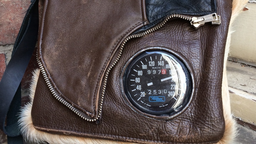 The speedometer handbag recycled from a leather jacket