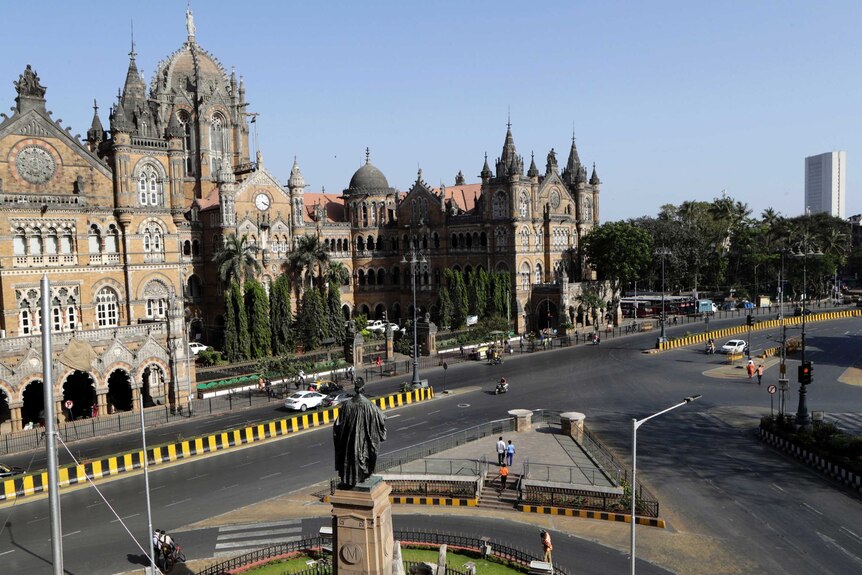 The roads are clear of all but a couple of cars outside an elaborate temple in Mumbai.