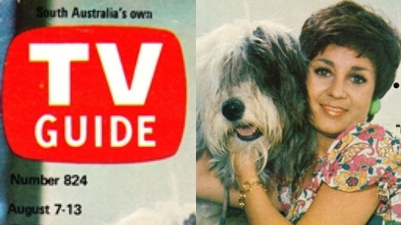 TV Guide logo and a woman with thick short brown hair hugging a hairy grey and white dog