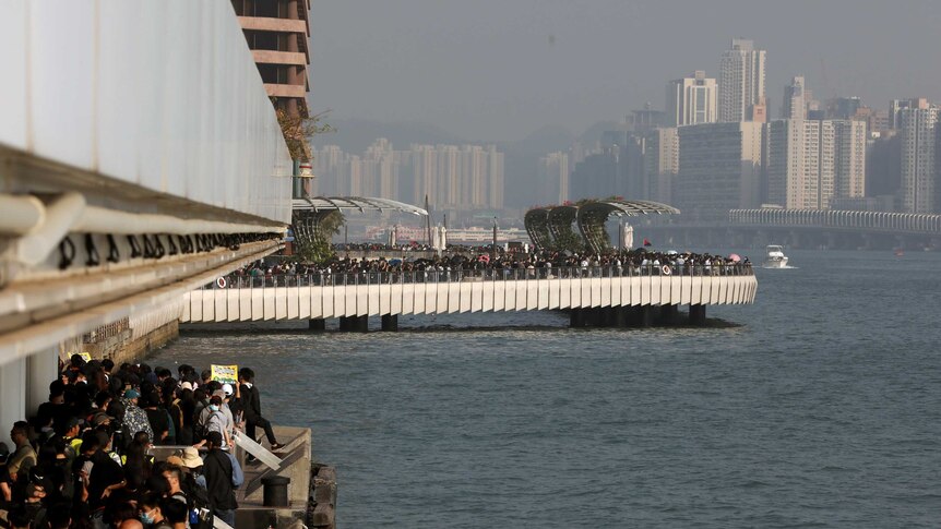 Looking below to jetties on Hong Kong's waterfront, you view large crowds of protesters filling all available space.