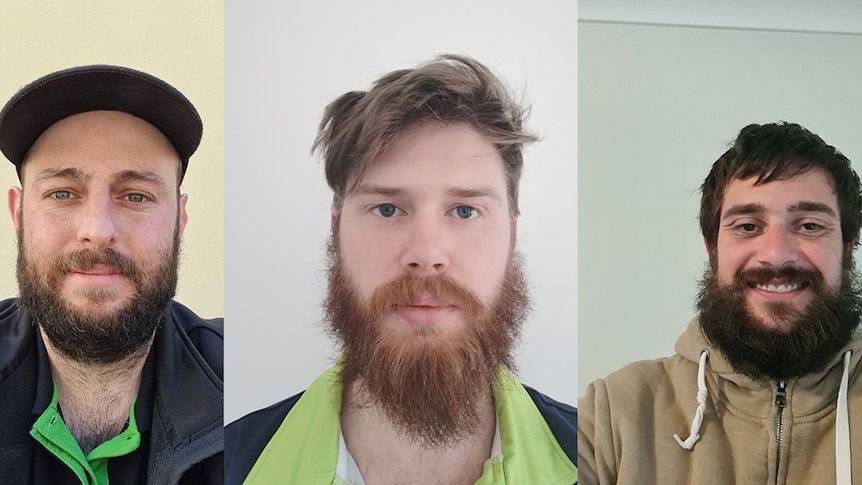 Headshots of Tom Smith, Rhys Dale and Nat Riley, who are all wearing casual clothes and are bearded.