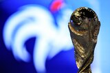 The World Cup trophy in front of a blue and white background