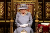 The Queen sits in Parliament wearing a lilac dress and hat