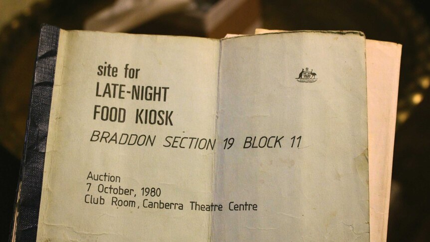 An old document that reads 'site for Late-night food kiosk, Braddon, section 19, block 11."