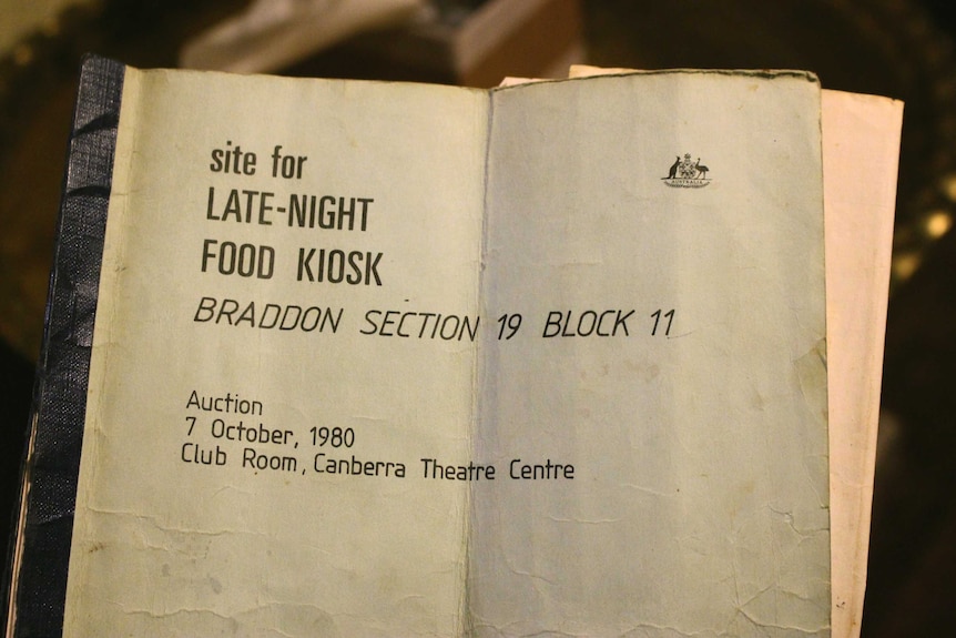 An old document that reads 'site for Late-night food kiosk, Braddon, section 19, block 11."