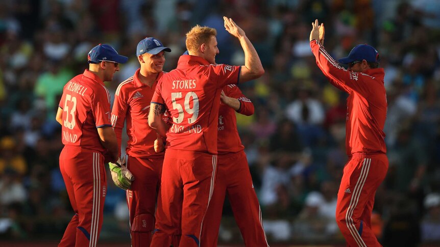 4647993England celebrate winning fourth ODI at the WACA