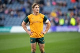 An Australian rugby player stands on the pitch with his hands on his hips.