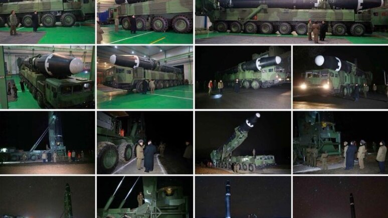 Preparations for North Korea's the Hwasong-15 launch. Trucks are seen transporting the missile.