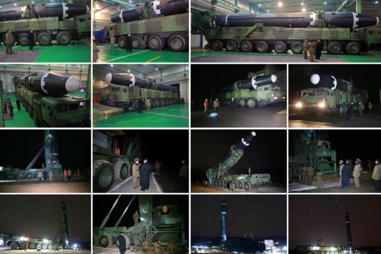 Preparations for North Korea's the Hwasong-15 launch. Trucks are seen transporting the missile.