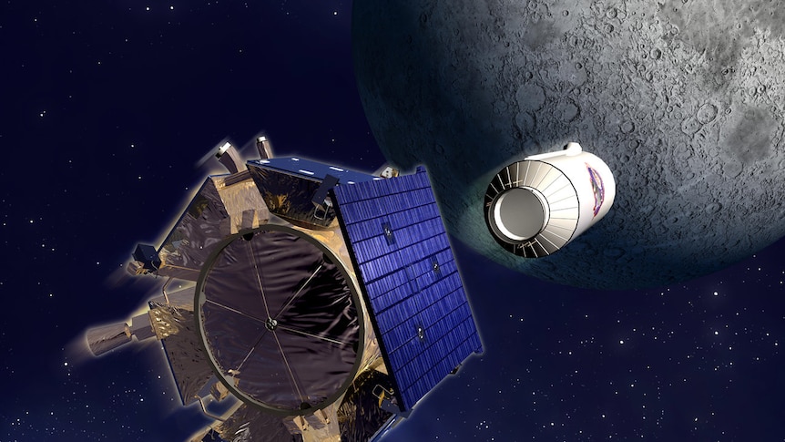 A spacecraft firing a cylindrical object at the Moon