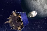 A spacecraft firing a cylindrical object at the Moon