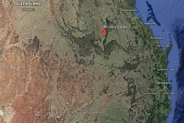 A map shows a satellite image of where Arcadia valley is in relation to Brisbane and Rockhampton