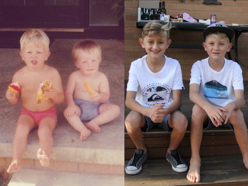 Two photos of young boys sitting outside the same Macgregor house