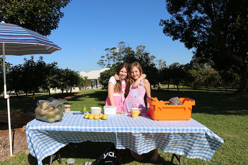 Two girls smiling stand behind a table with guavas on it.