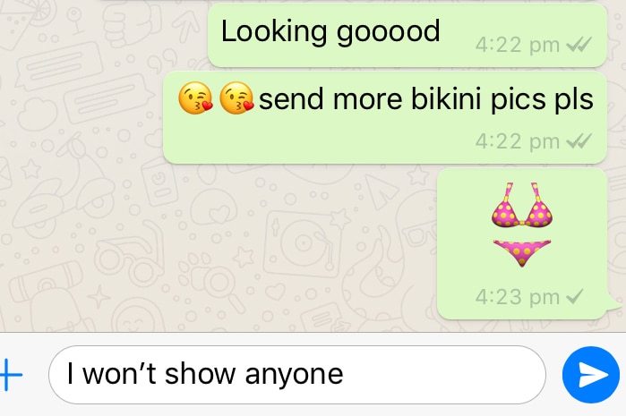 Screenshot of messages on WhatsApp asking another user to send bikini photos