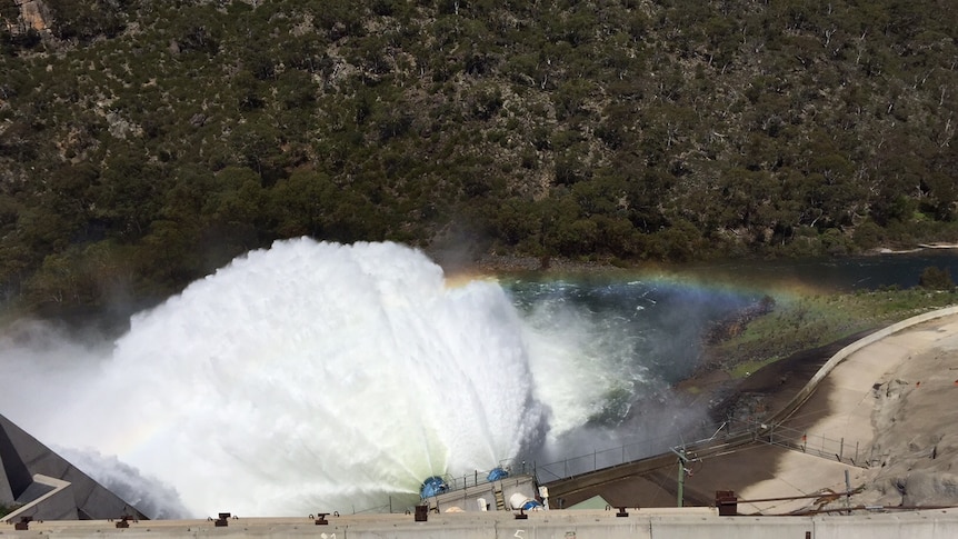 A huge torrent of water is released from Jindabyne Dam into the Snowy River, 28 October 2015