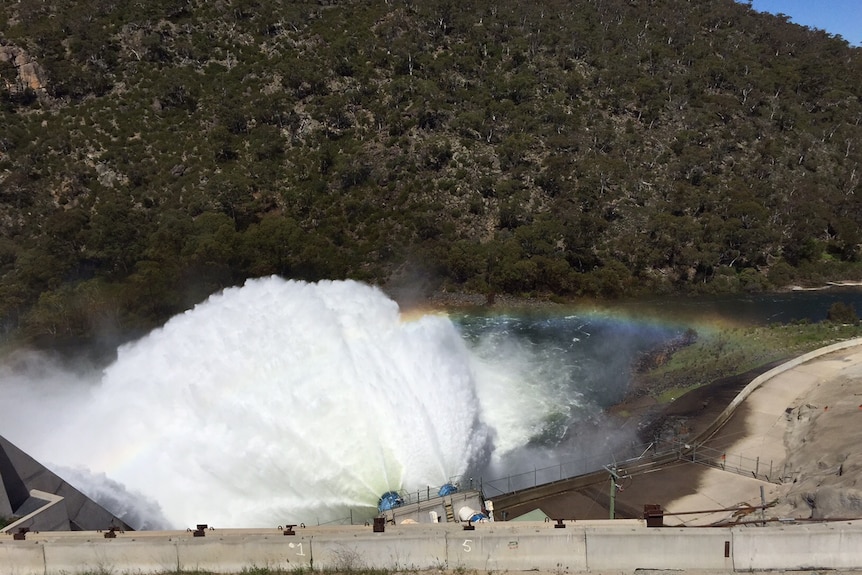 A huge torrent of water is released from Jindabyne Dam into the Snowy River, 28 October 2015