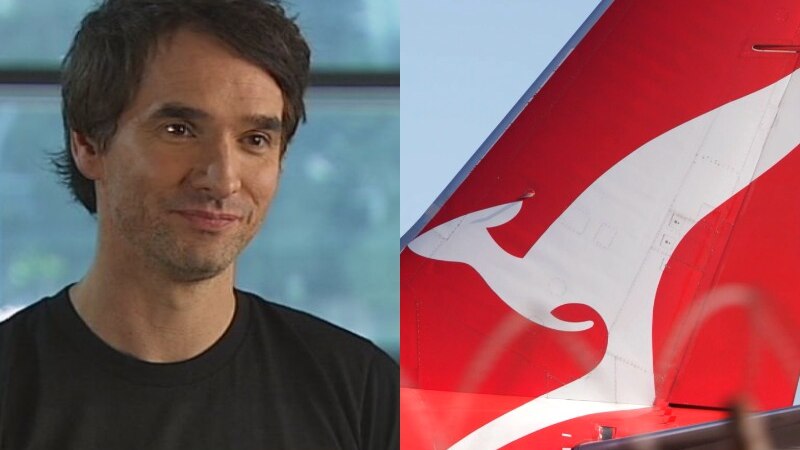 A composite image with a pic of a man in a black tshirt on the left and a pic of the qantas logo on the right. 